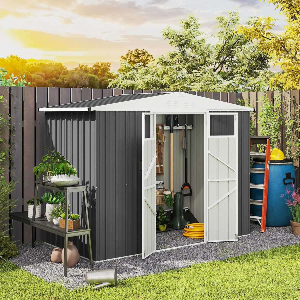 8 x 4ft Metal Garden Shed with Double Doors, Windows and Vents, Dark Grey