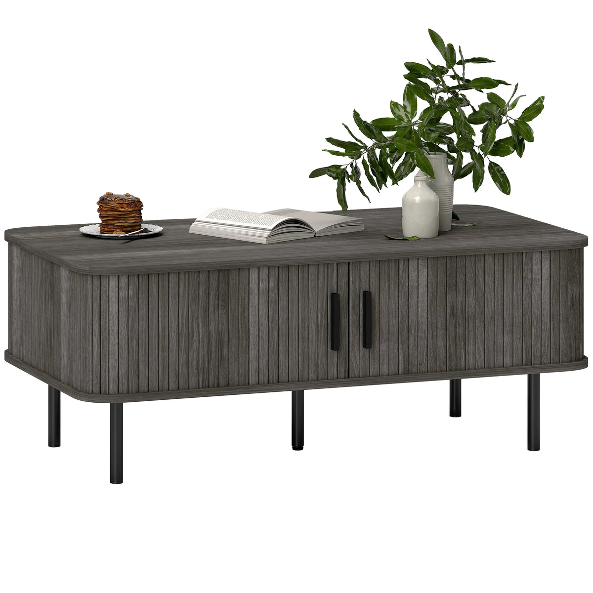 Coffee Table with Storage and Sliding Tambour Doors, Grey Wood-Effect