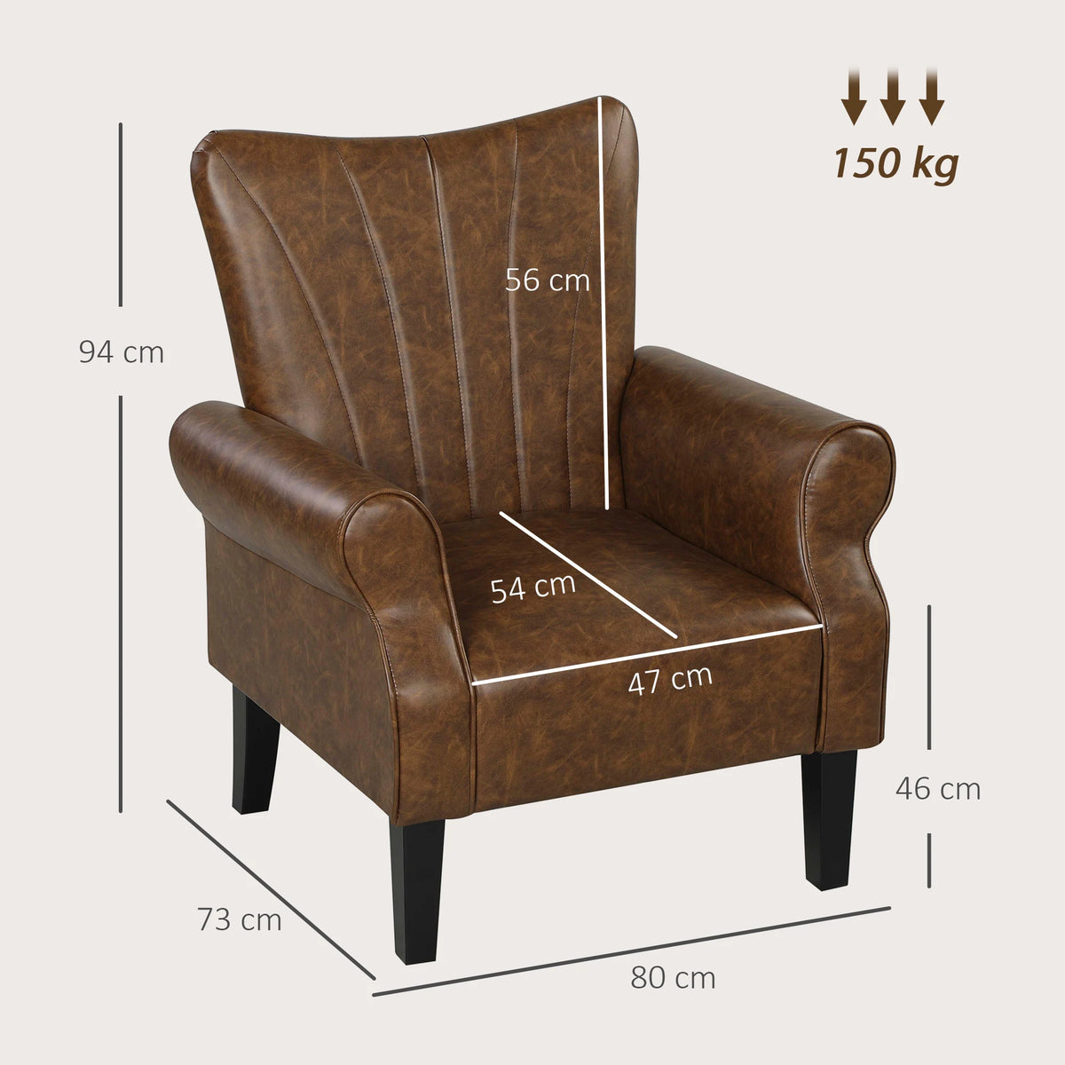 Accent Armchair with 25cm Thick Padded Seat Wingback PU Leather Rubber Wood Legs Curved Arms Brown