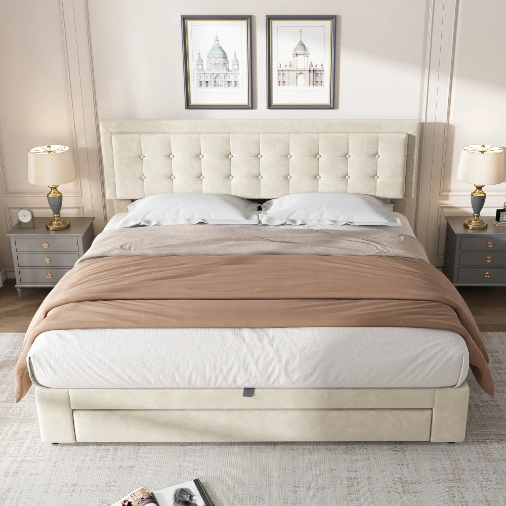 Super King 6ft Upholstered Bed Frame with Storage, Cream Velvet, Height-Adjustable Headboard