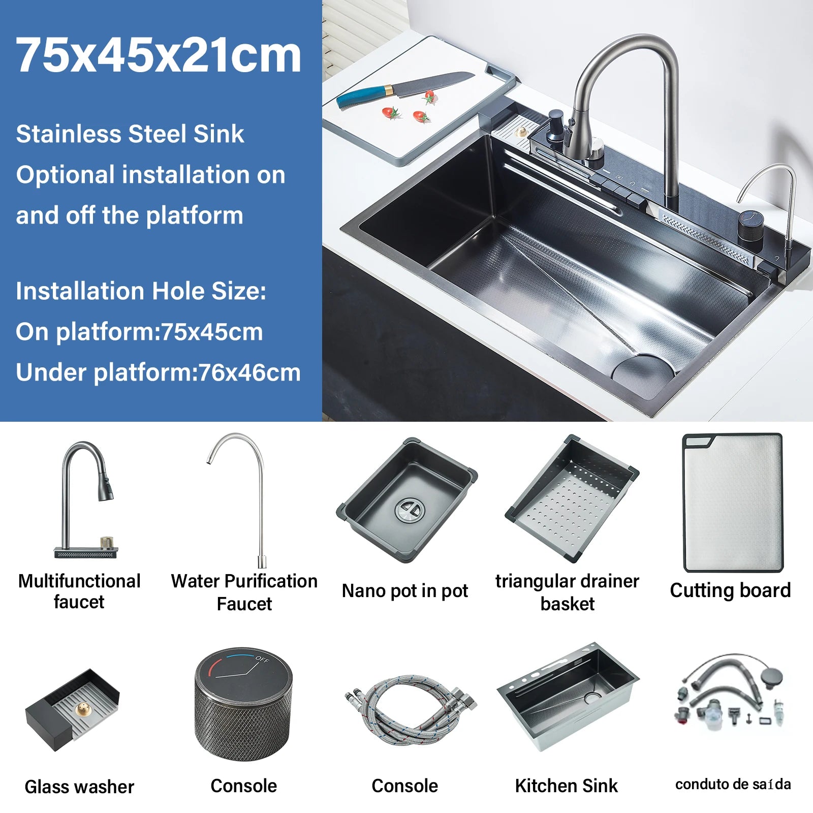 304 Stainless Steel Waterfall Kitchen Sink with Digital Display Faucet Set – Single Bowl with Soap Dispenser & Cup Washer