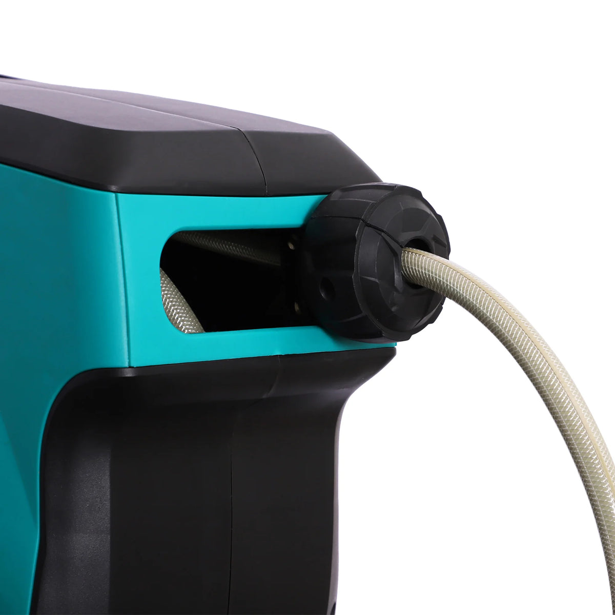 Compact Garden Hose Reel with Auto Rewind and Locking Spray Nozzle