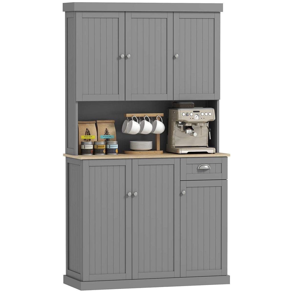 Freestanding Kitchen Pantry Cabinet with Adjustable Shelves and Drawer, Grey