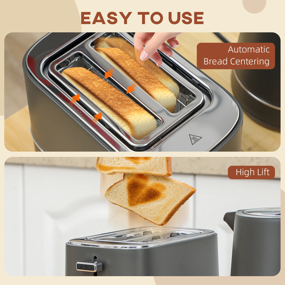 1.7L Fast Boil Kettle and 2 Slice Toaster Set with 6 Level Browning, Grey