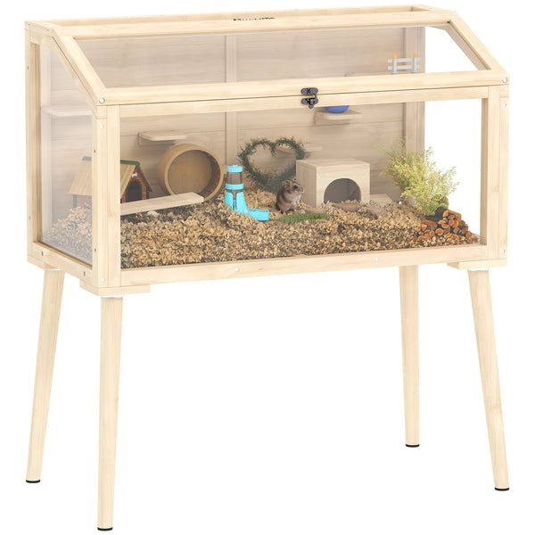 Wooden Hamster Cage 110x52x101cm Gerbil Cage with Openable Top Seesaws Clear Panels and Storage Base
