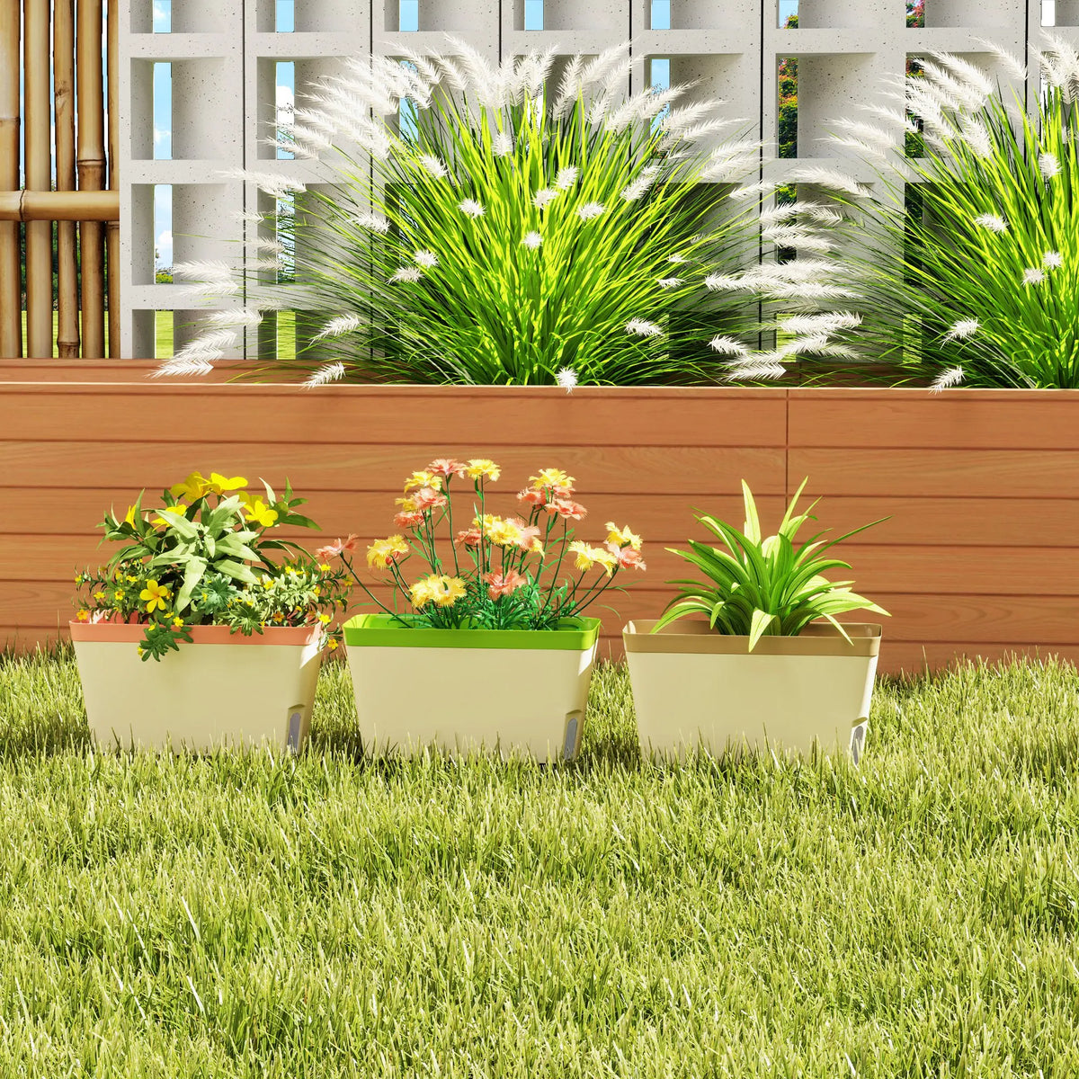 Set of 3 Self-Watering Outdoor Plant Pots with Visual Water Level Window