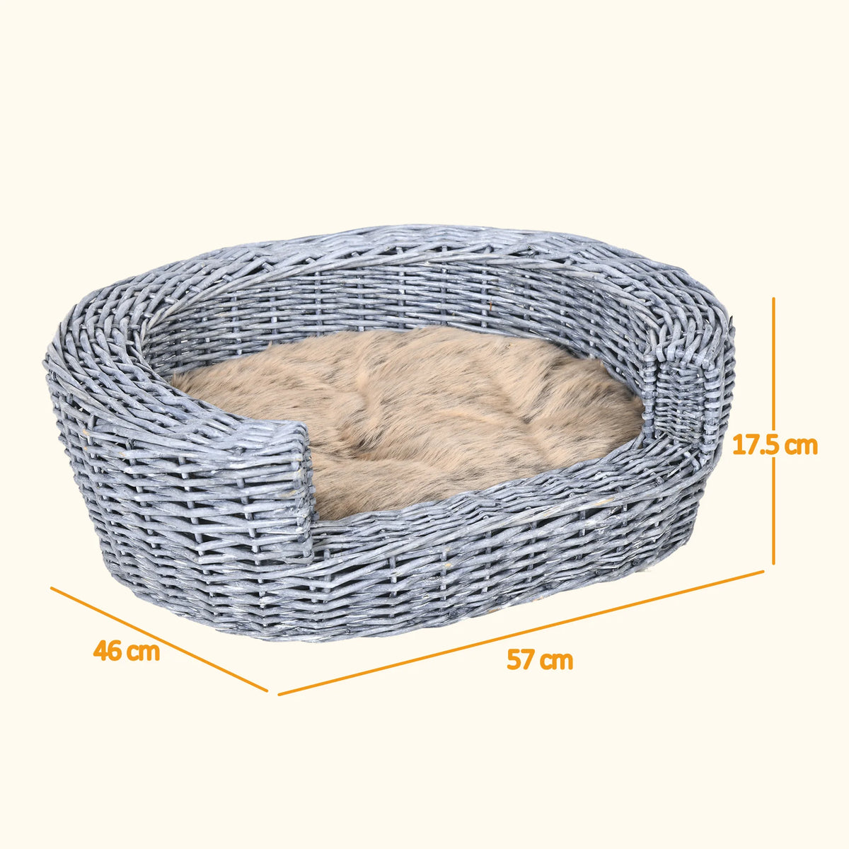 Elevated Wicker Pet Bed 57x46x17.5cm Willow Rattan Basket Sofa with Washable Plush Cushion Grey