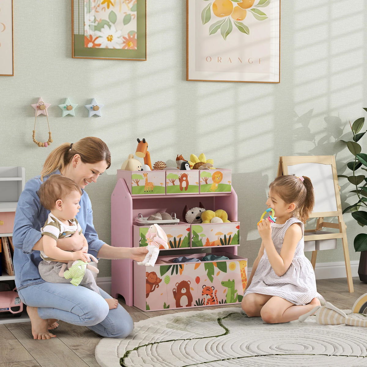 Kids Toy Storage Unit 3 Tier 63x30x66cm with 6 Removable Fabric Boxes MDF Rounded Edges Pink