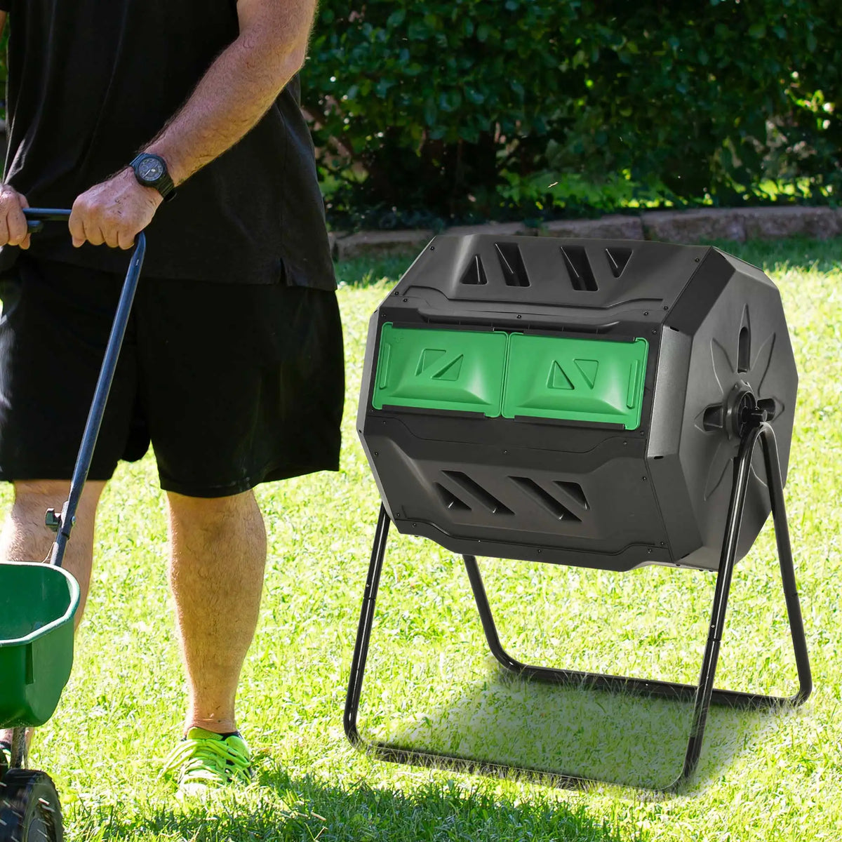 Garden Compost Bin 160L Dual Tumbler Rotating Outdoor Composter W/ Sliding Doors