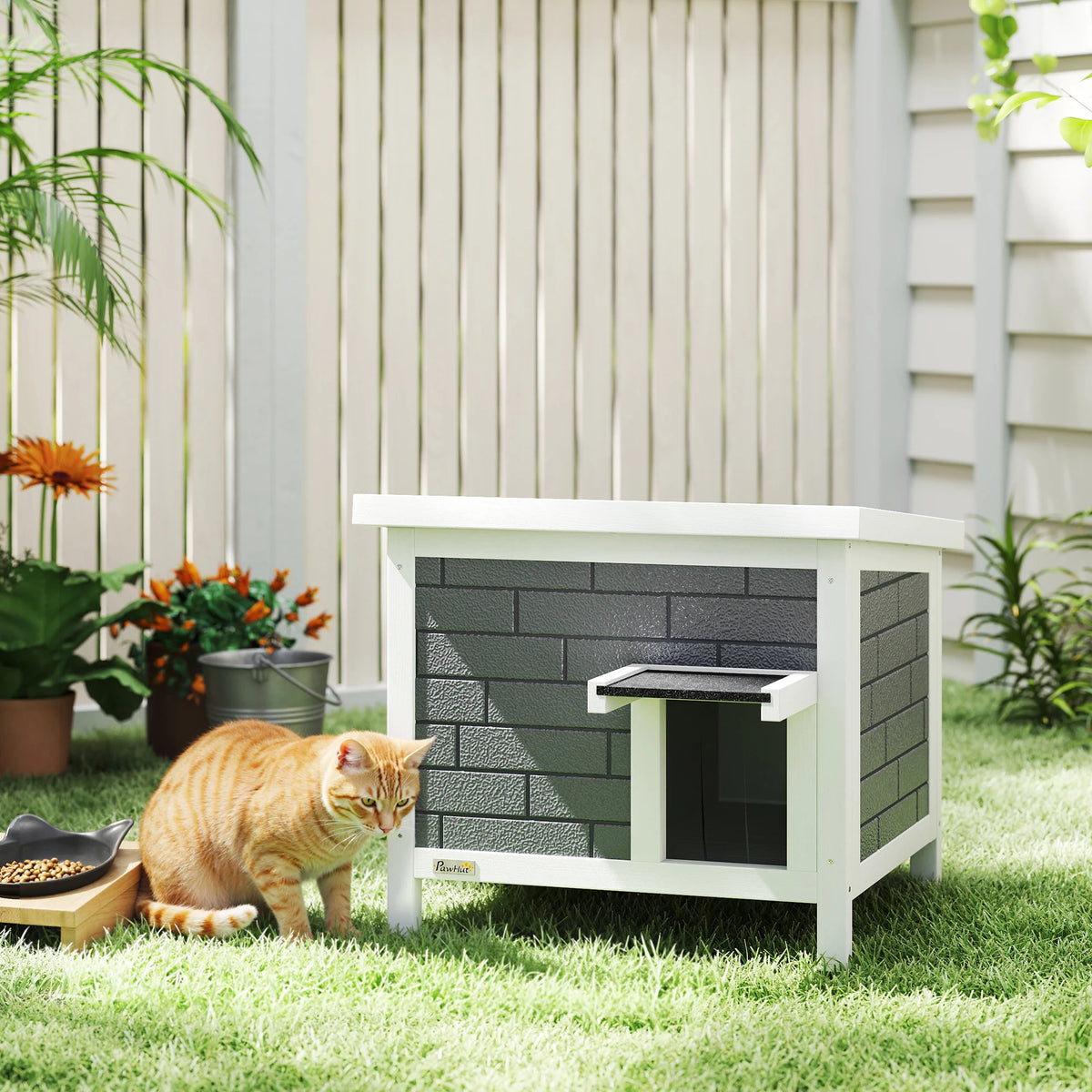 Insulated Outdoor Cat House with Openable Roof and Door Flap, Raised Wooden Shelter