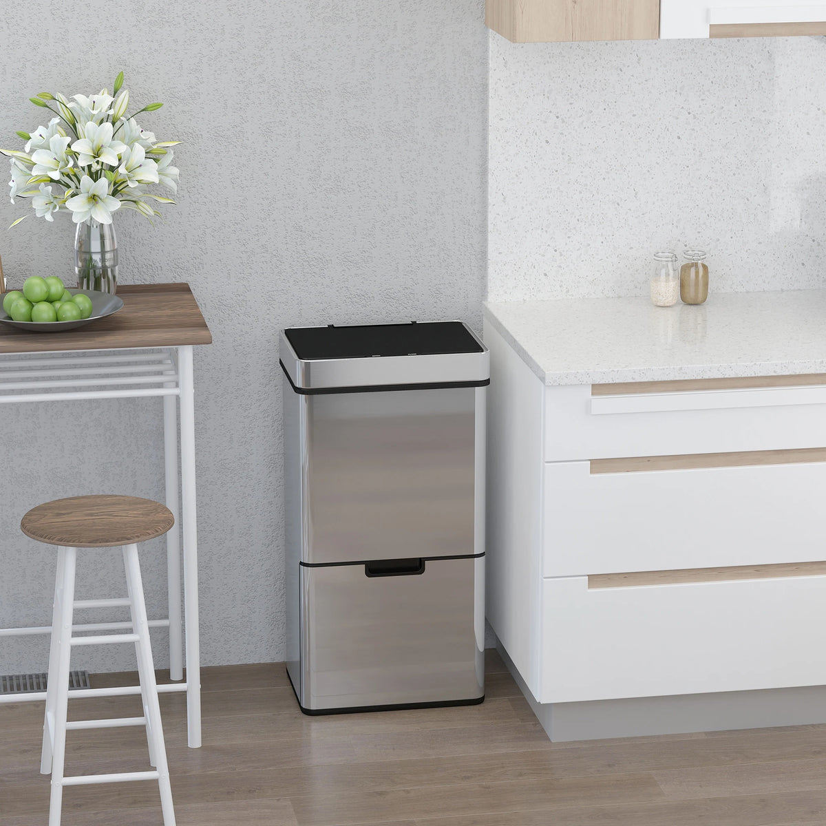 72L Motion Sensor Recycling Bin with 3 Compartments and Removable Lid, Silver