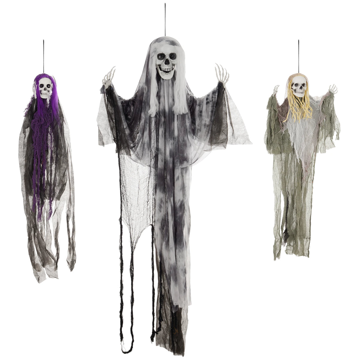HOMCOM Set of 3 Hanging Skeletons & Flying Ghosts – Halloween Decorations