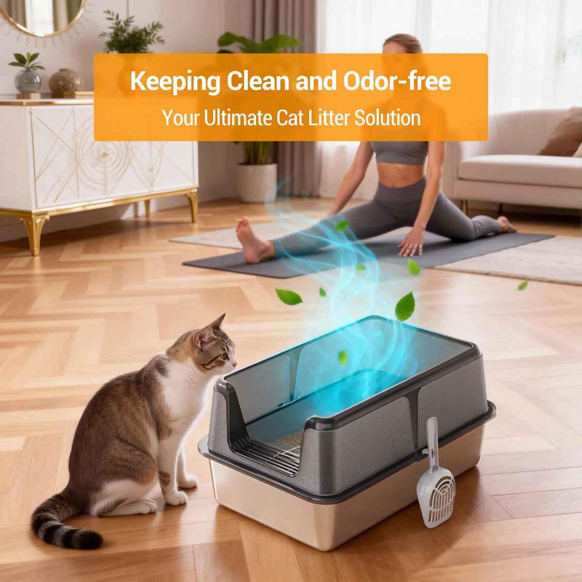 Non-Stick Stainless Steel Cat Litter Box Side Opening Splash Proof Leak Proof Large Metal with Lid