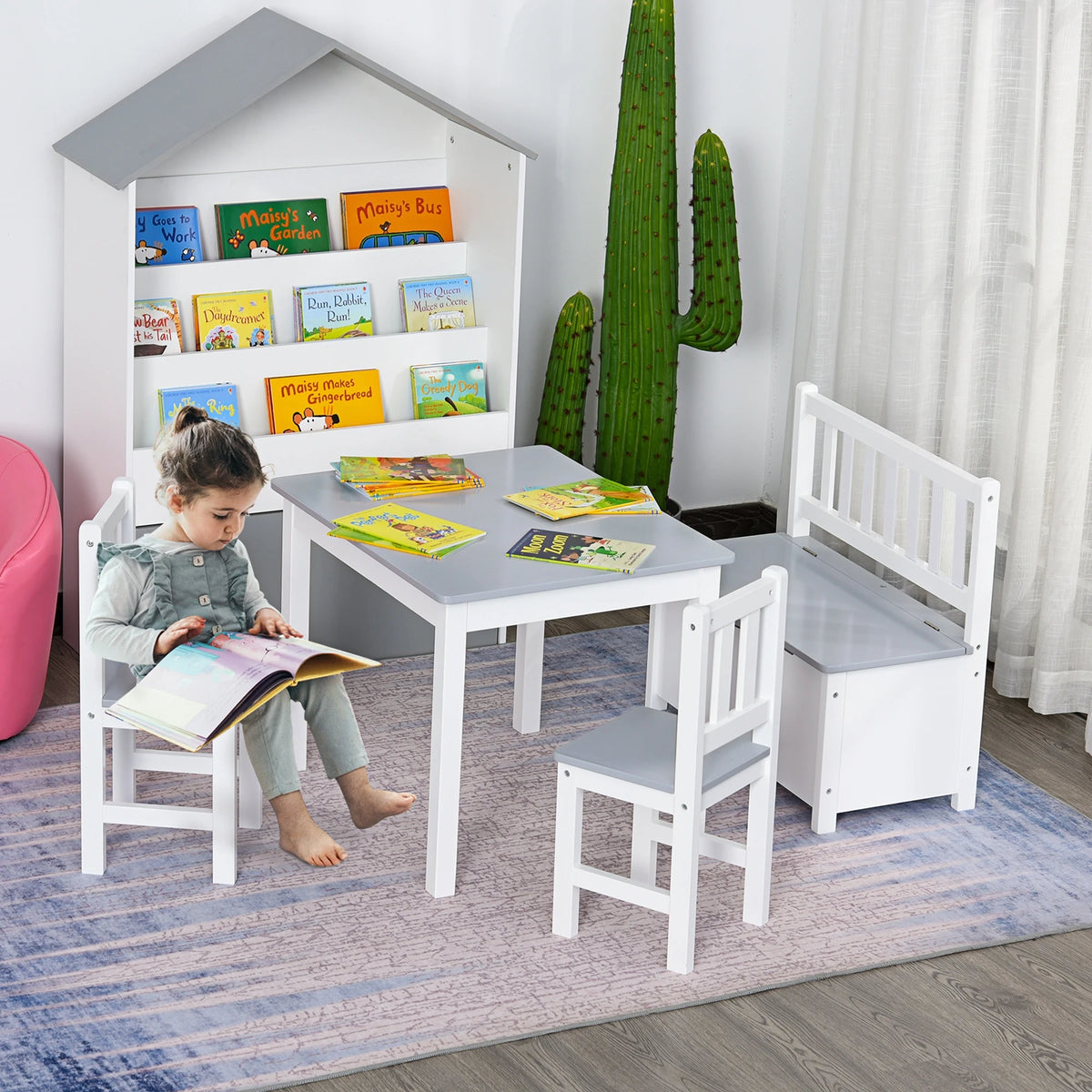 4-Piece Kids Table and Chair Set with Storage Bench