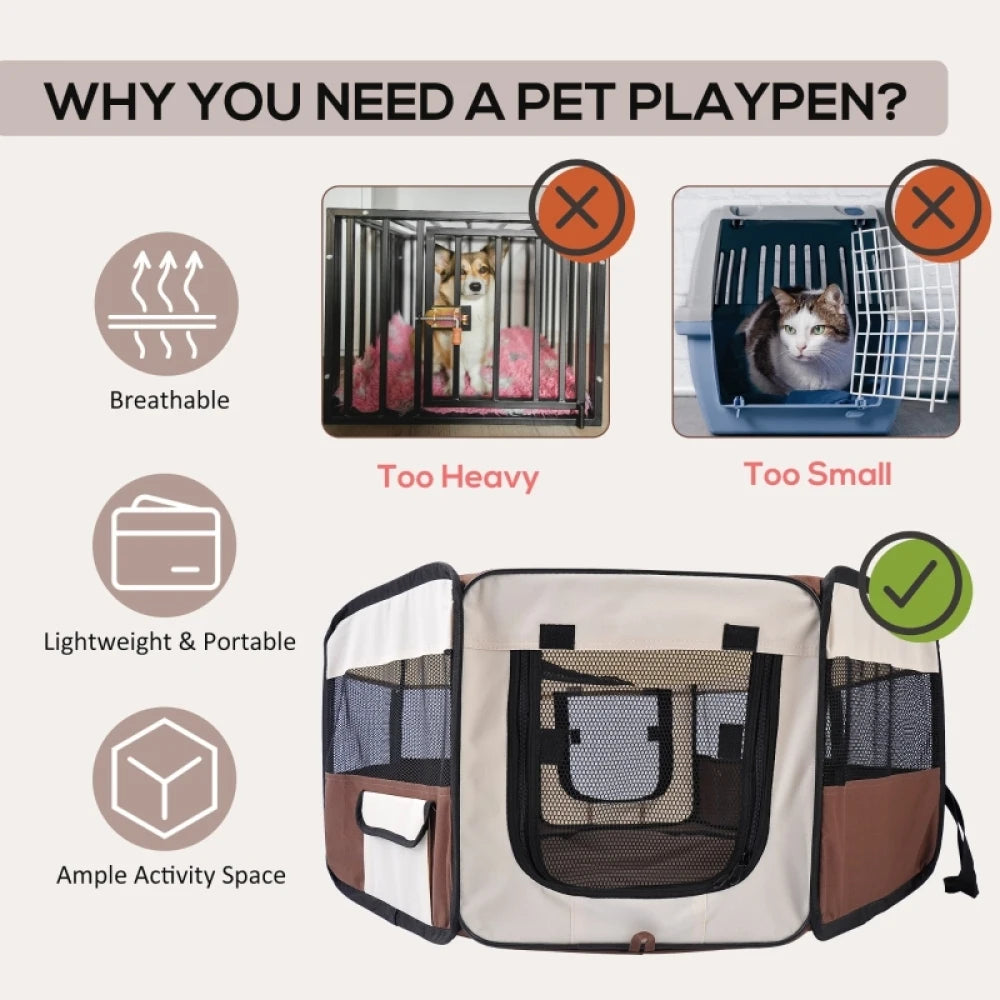 Portable Pet Playpen 90x41cm Brown Steel Frame with Carry Bag for Cats Dogs Rabbits Guinea Pigs