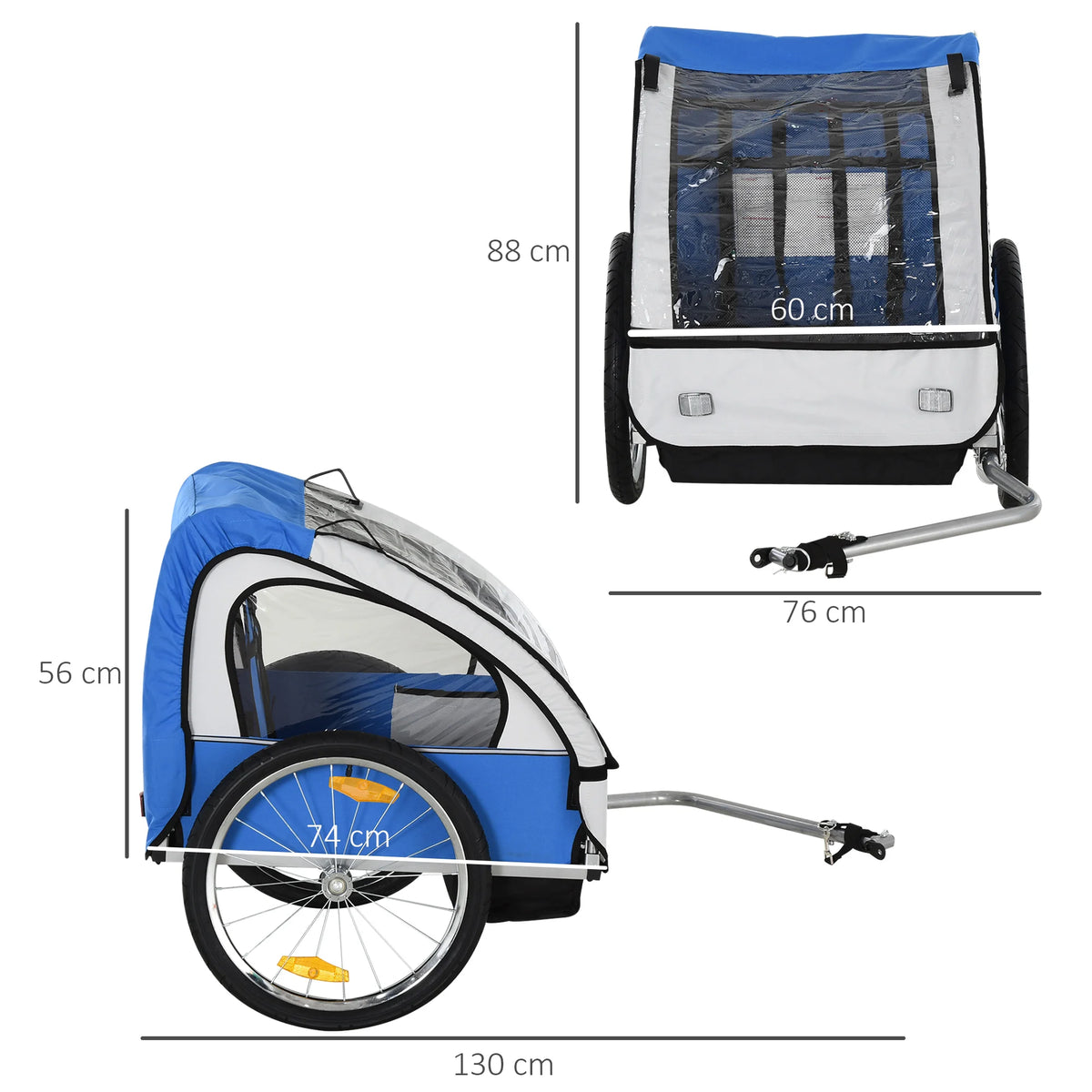 2 Seat Child Bike Trailer with 5 Point Harnesses Steel Frame Oxford Canopy Reflectors and Safety Flags