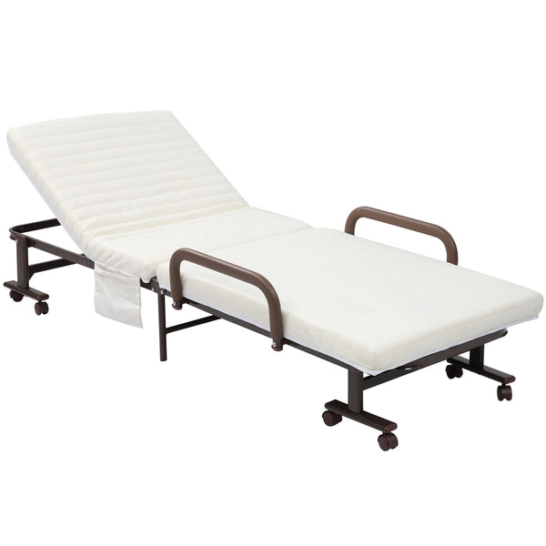 Folding Guest Bed with 8cm Mattress and Adjustable Backrest, Single 190 x 76 cm, on Wheels