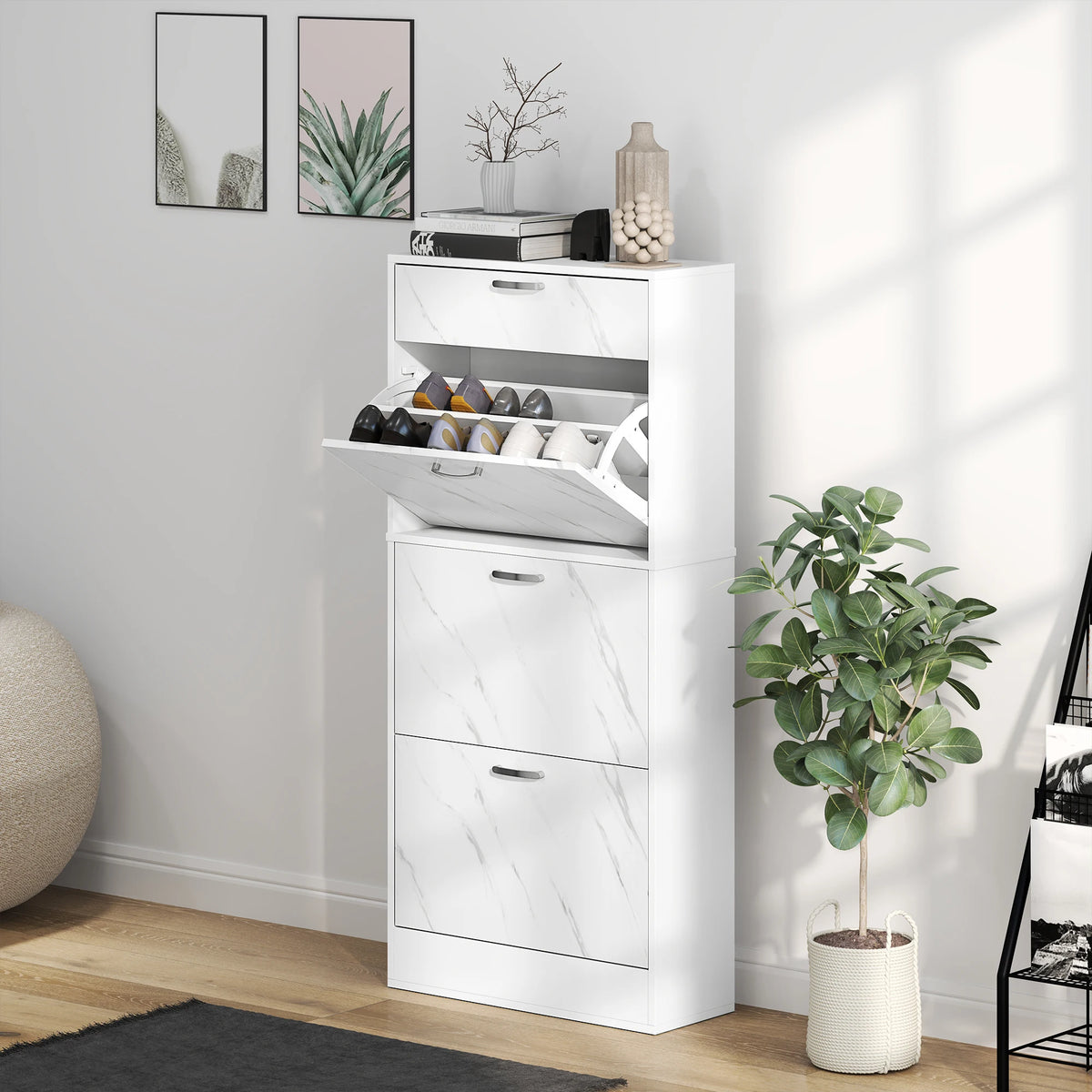 Shoe Cabinet for 18 Pairs with 3 Flip Drawers Two Position Inner Shelf Top Drawer Marble Effect Black