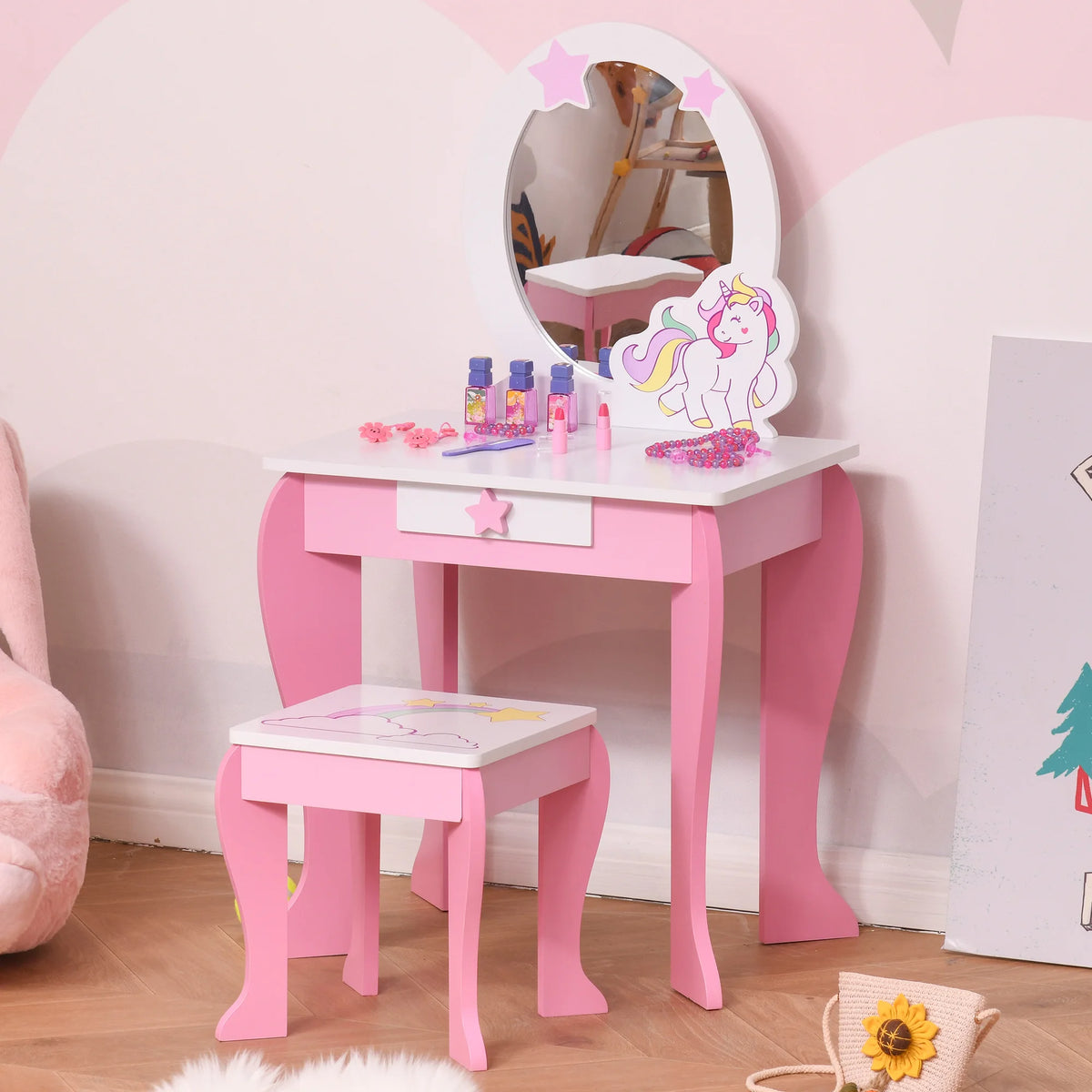 Kids Unicorn Dressing Table with Large Acrylic Mirror Drawer Stool MDF Rounded Edges Ages 3-6 Pink