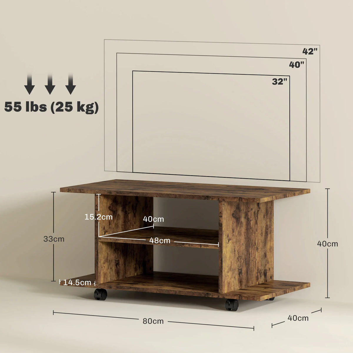 Modern TV Cabinet Stand, Storage Shelves Table, Mobile, Rustic Brown