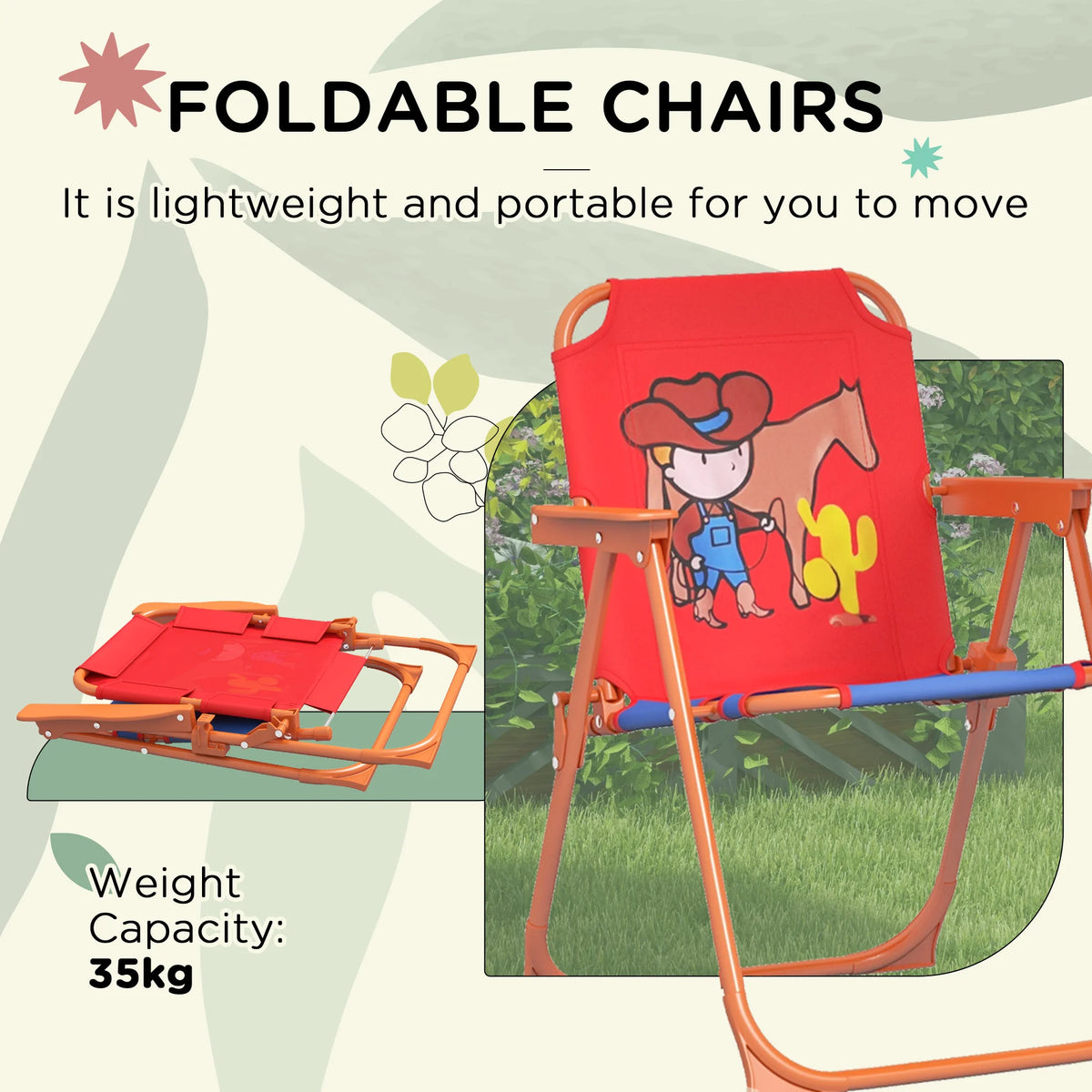 Kids Bistro Table and Chair Set Cowboy Theme with Adjustable Parasol 86-122cm and Folding Safety Lock Chairs