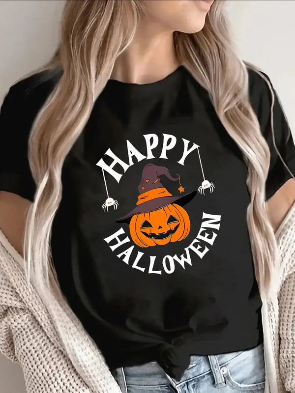 Women's Happy Halloween T-Shirt with Pumpkin and Witch Hat Print, Black