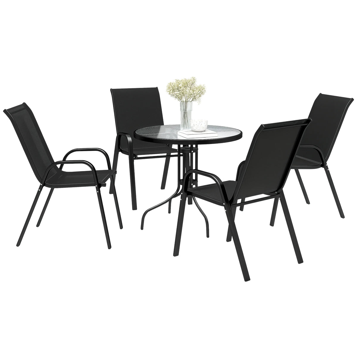 5 Pieces Garden Table and Chairs, 4 Seater Garden Furniture Set with High Back Stackable Chairs and Glass Top Table