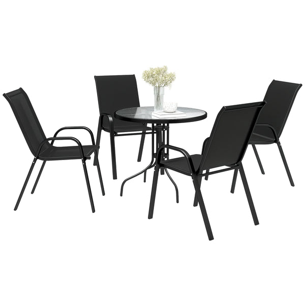 5 Pieces Garden Table and Chairs, 4 Seater Garden Furniture Set with High Back Stackable Chairs and Glass Top Table