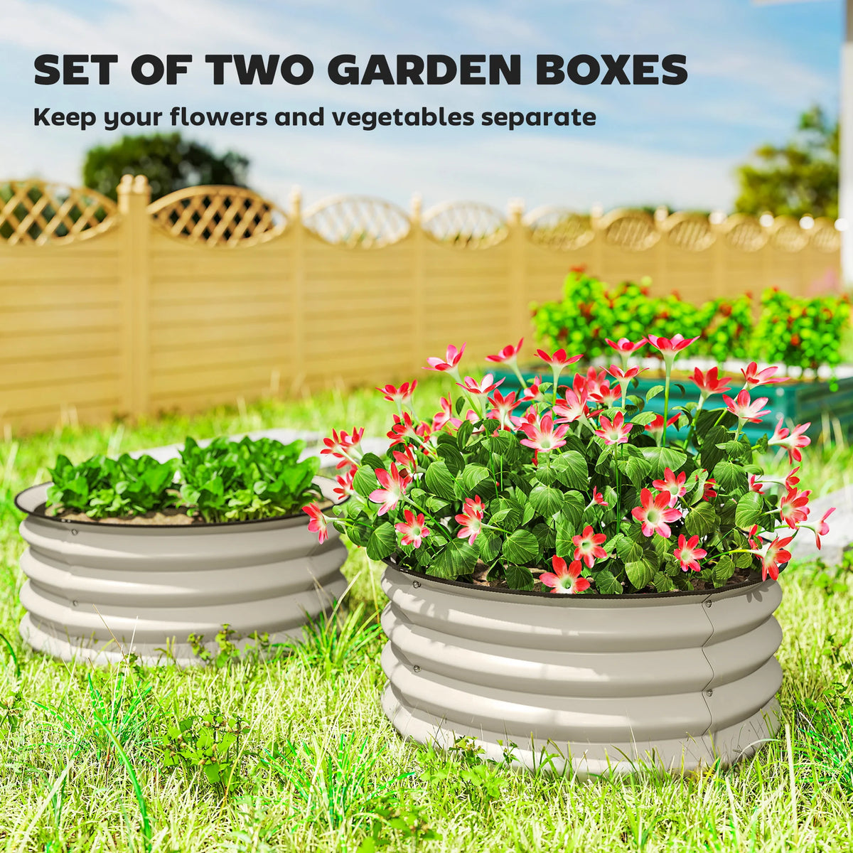 Set of 2 Round Steel Raised Garden Planters with Safety Edging, Cream White
