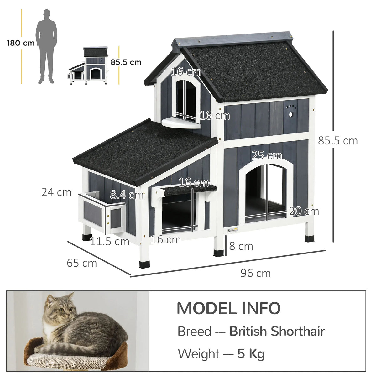 Outdoor Wooden Cat House with Flower Box, Windows and Multiple Entrances