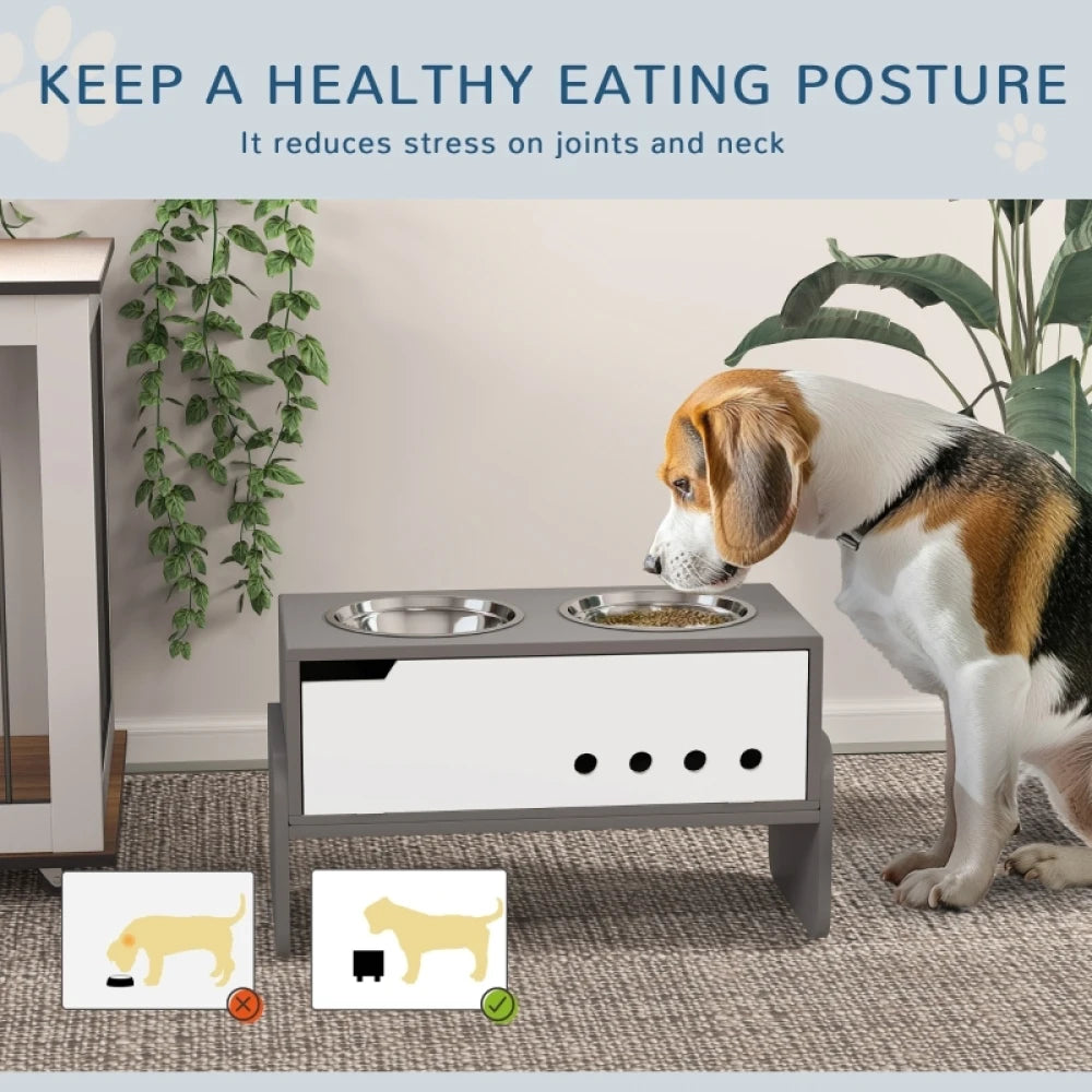 Height Adjustable Raised Dog Bowls 62.5x30x36.5cm Wooden Feeding Station Storage Slow Feeder Mat Grey
