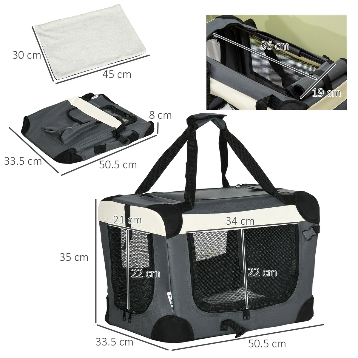 60cm Foldable Pet Carrier with Cushion Soft Sided Travel Crate for Cats and Small Dogs Grey