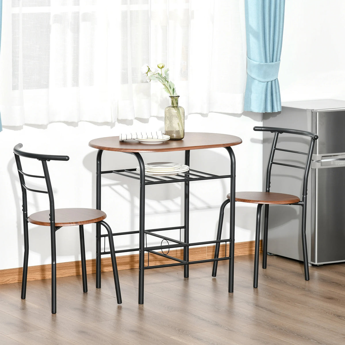 3 Piece Bar Table Set with 2 Stools and Storage Shelf Industrial Metal Frame Oak Tone MDF Water Resistant