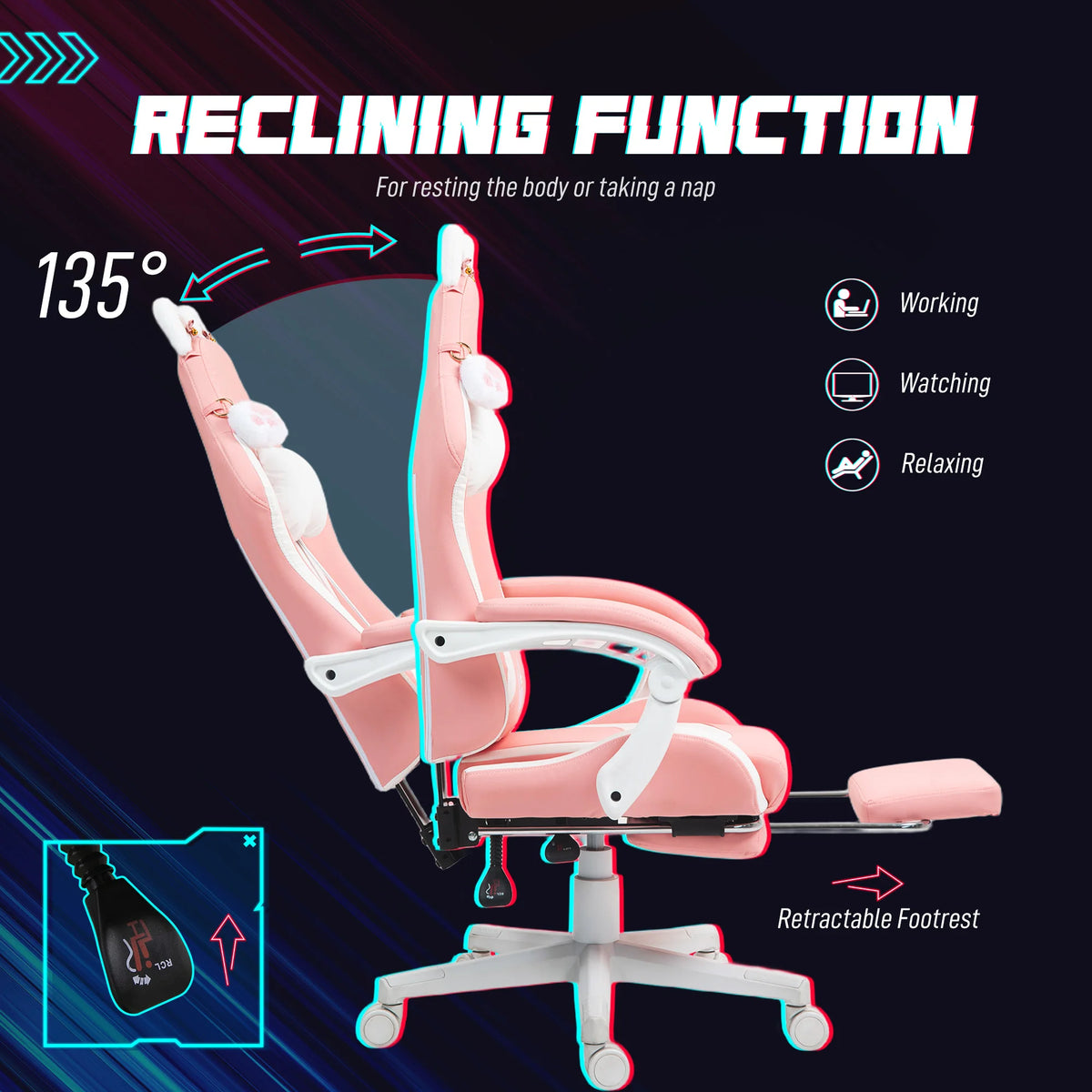 Gaming Chair with Retractable Footrest Reclines to 135 Degrees Cat Ear Design Faux Leather Height Adjustable