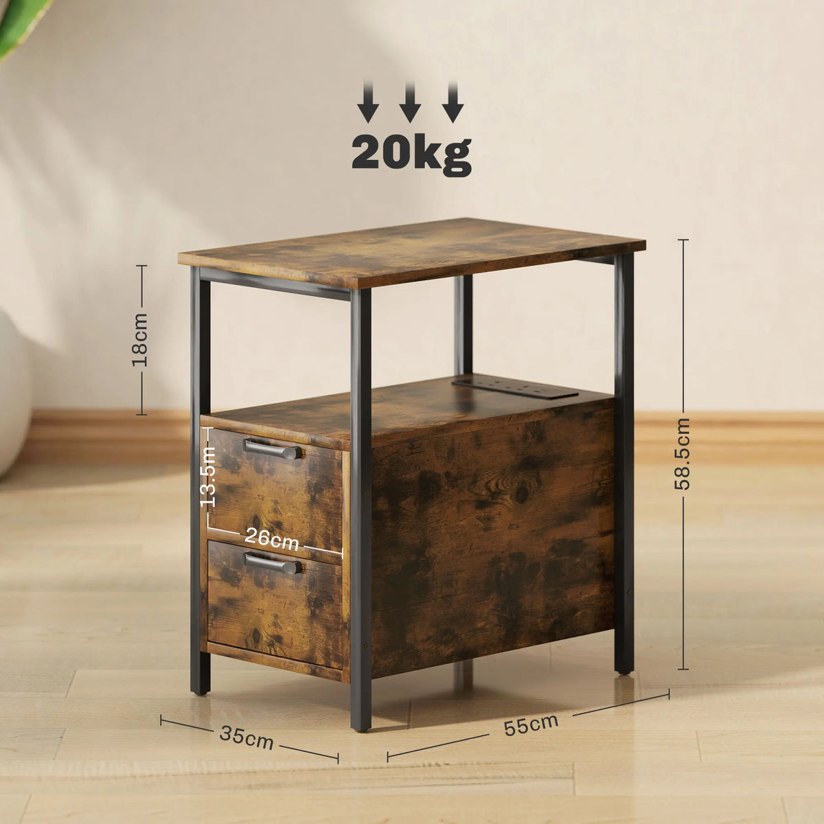 Side Table with Charging Station, 2 Drawers and Shelf, Rustic Brown