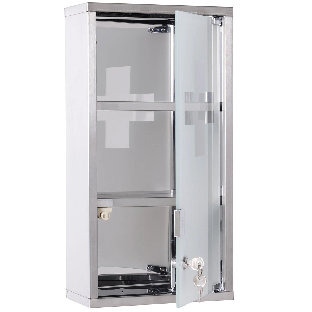 Lockable Medicine Cabinet 48x25x12cm Wall Mounted First Aid Box with Security Glass Door 2 Keys Silver