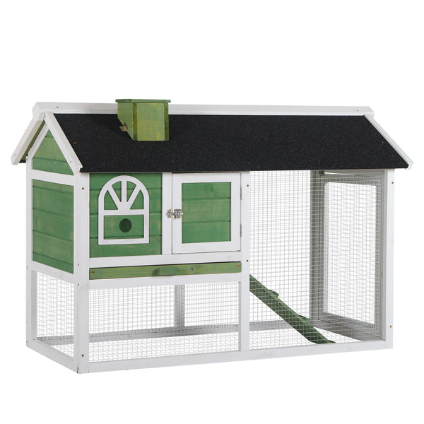 Rabbit Hutch 120x60x79cm Fir Wood Bunny Cage with Run Ramp Asphalt Roof and Pull Out Tray Green