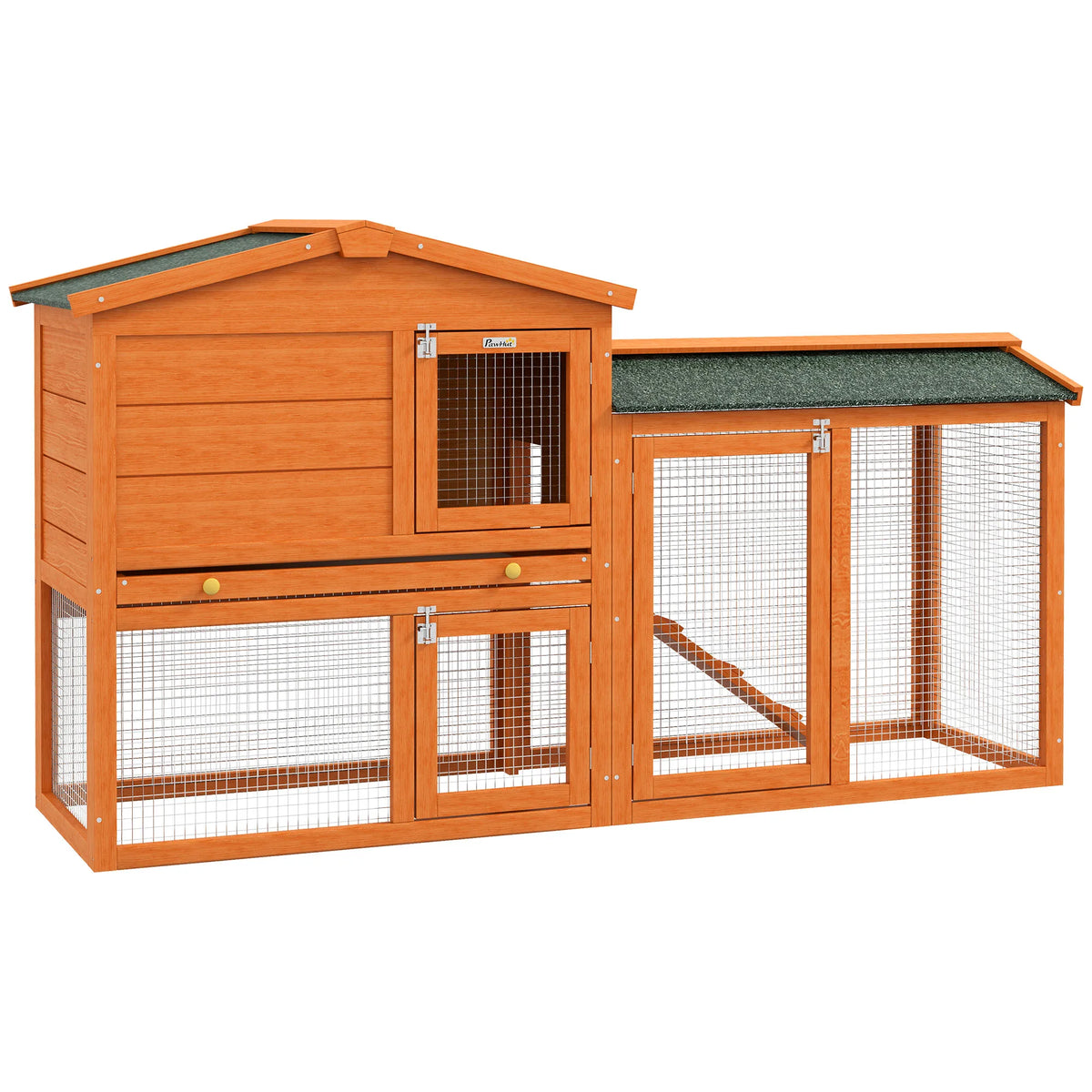 Wooden rabbit hutch 150cm with side run and tilted asphalt roof in orange and green