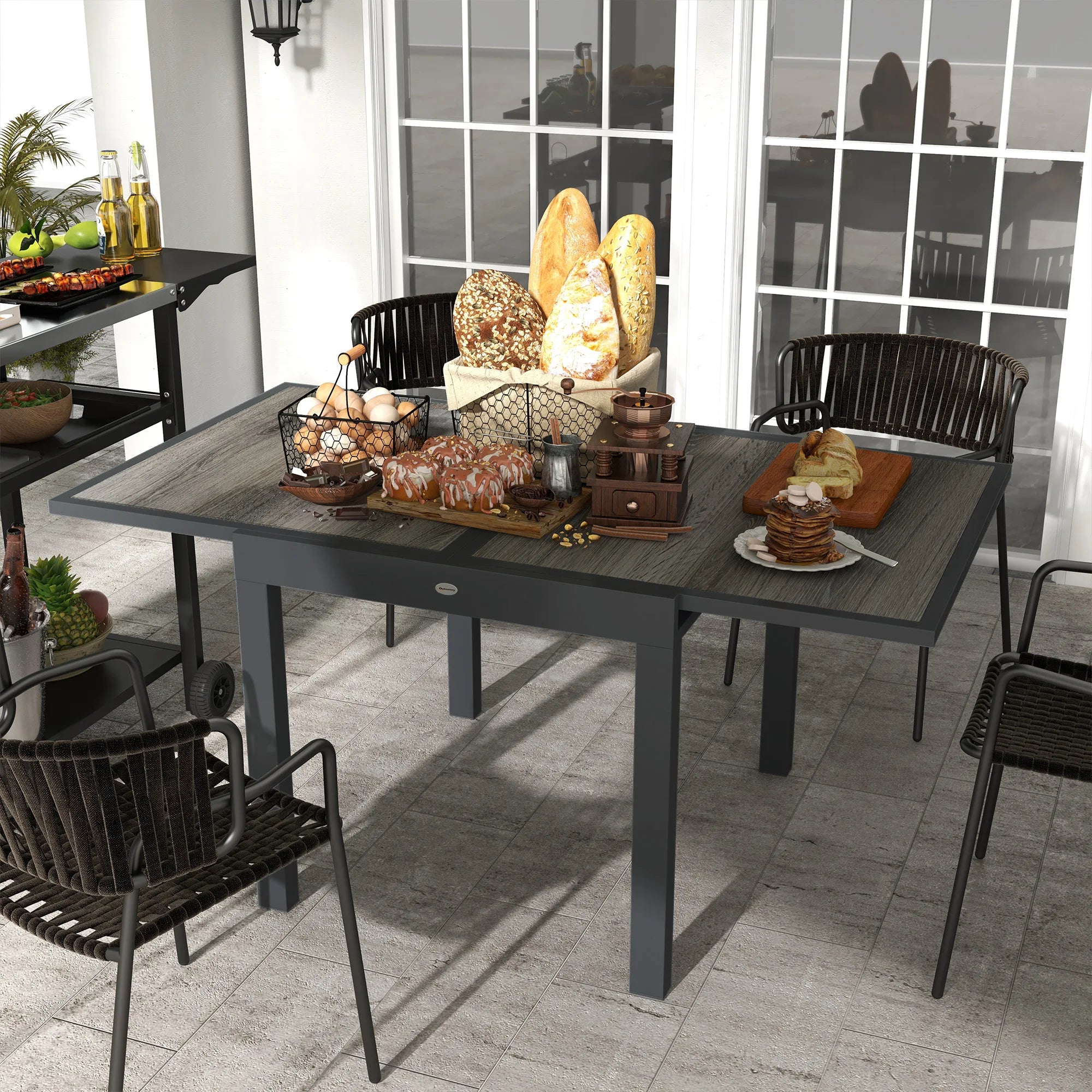 Extending Garden Dining Table 80-160cm Aluminium Frame Wood Effect Top Seats 6 Outdoor Patio Table Grey