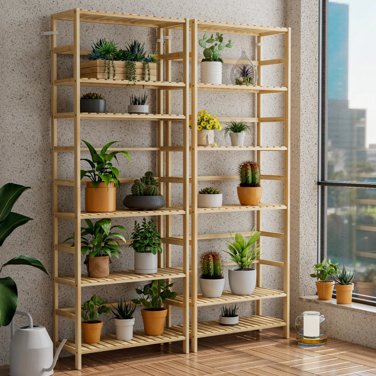 6-Tier Bamboo Bookshelf and Flower Rack with Adjustable DIY Shelves | Freestanding Natural Wood Display Unit