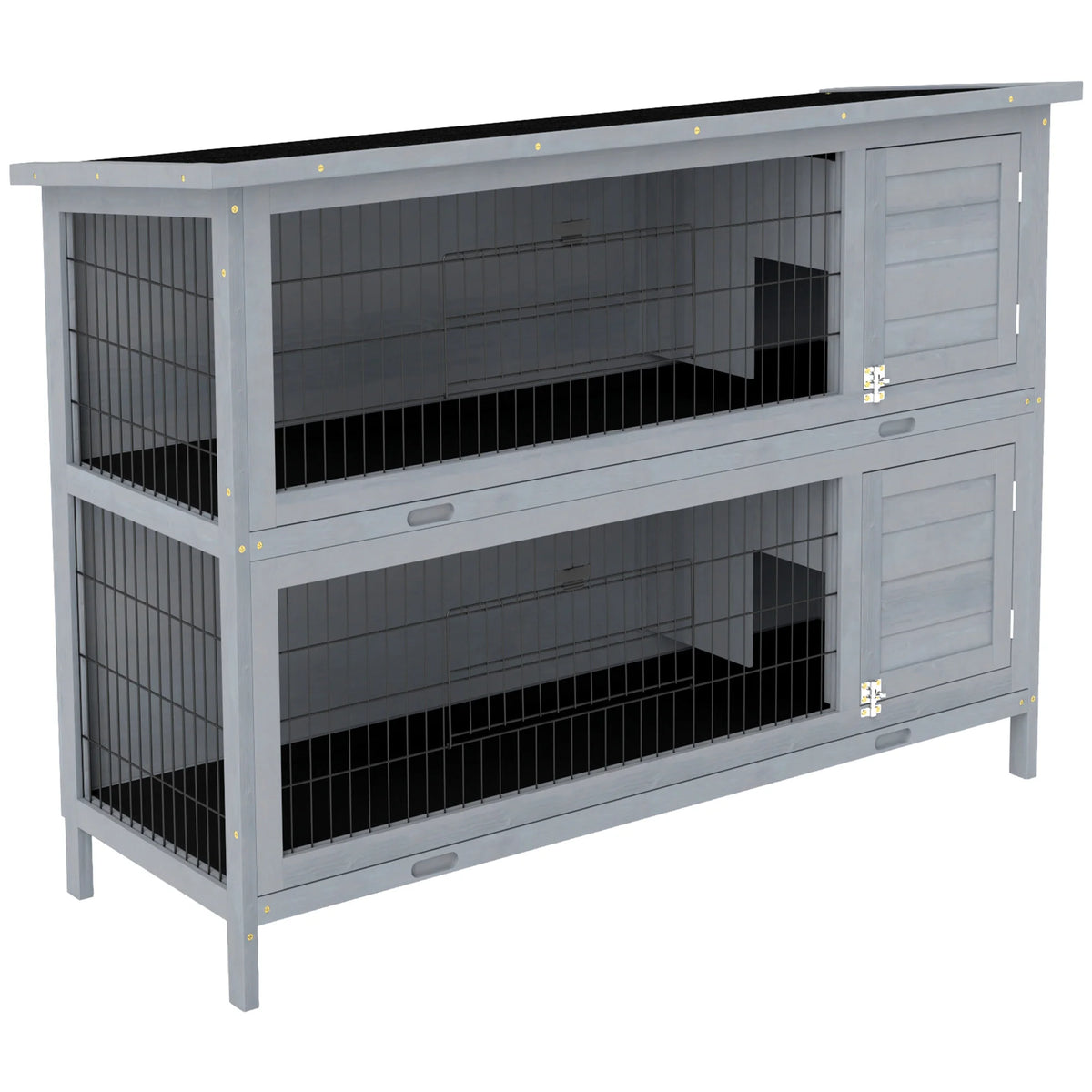Large Rabbit Hutch 54 Inch 2 Tier with Divider 4 Doors 2 Sliding Trays and Asphalt Roof Fir Wood