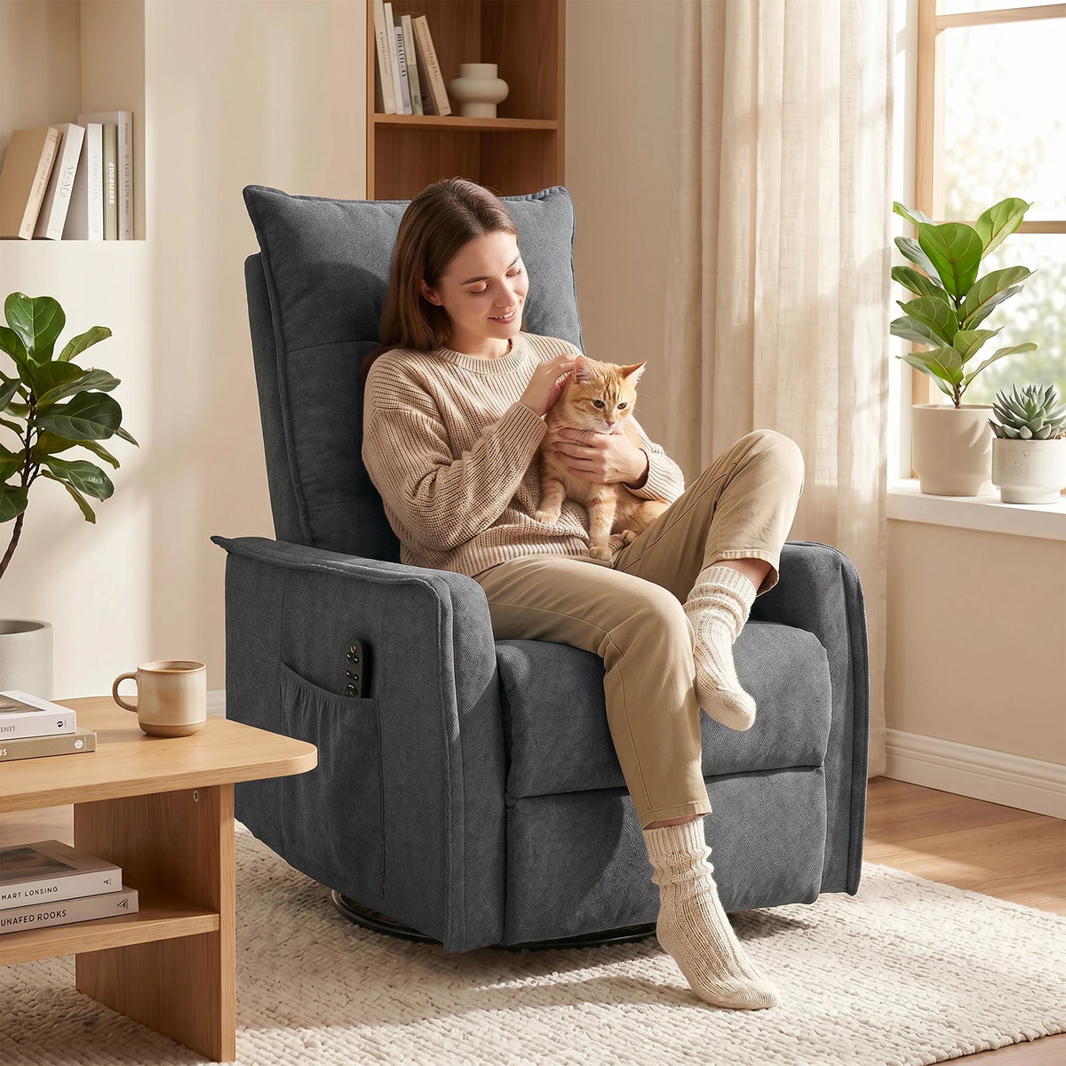 Massage Recliner Armchair with 8 Vibration Points Lumbar Heat 360° Swivel and 155° Recline Chenille Dark Grey