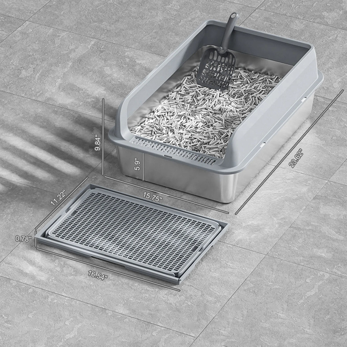 Stainless Steel Cat Litter Box with Lid High Sides 15.75x11.81in Double Layer Mat Non-Stick for Big Cats