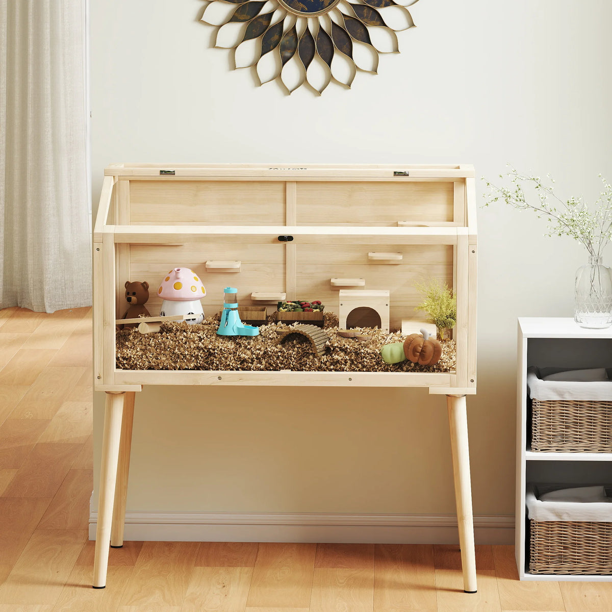 Wooden Hamster Cage 110x52x101cm Gerbil Cage with Openable Top Seesaws Clear Panels and Storage Base