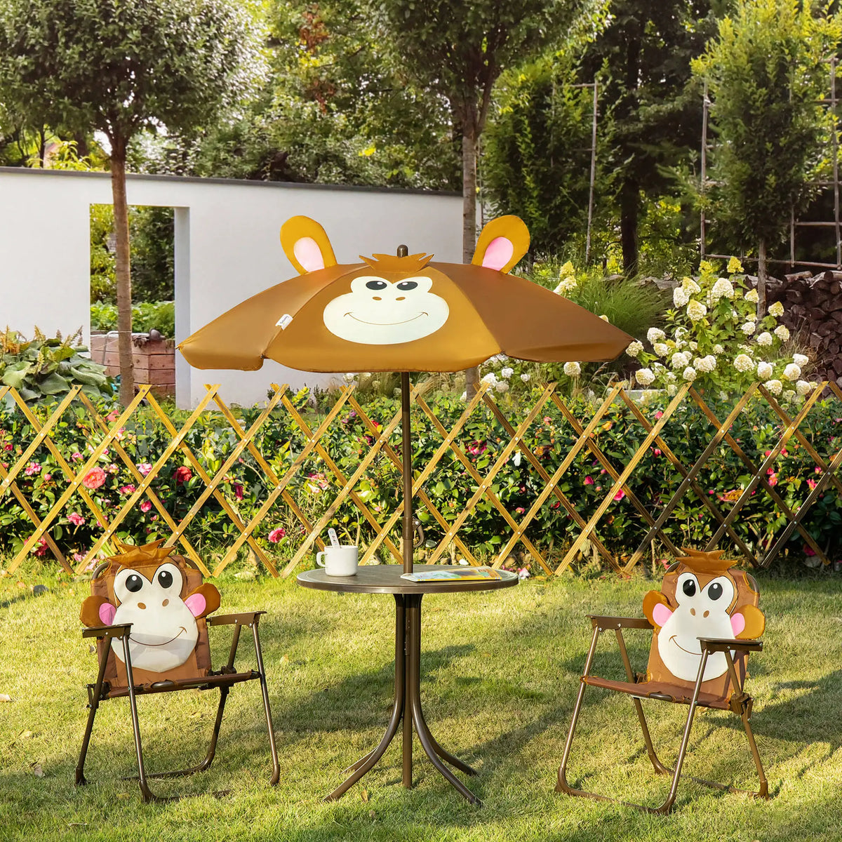 Kids 4 Piece Folding Garden Set with Table 2 Chairs and 6 Bone Parasol Monkey Design Metal Brown