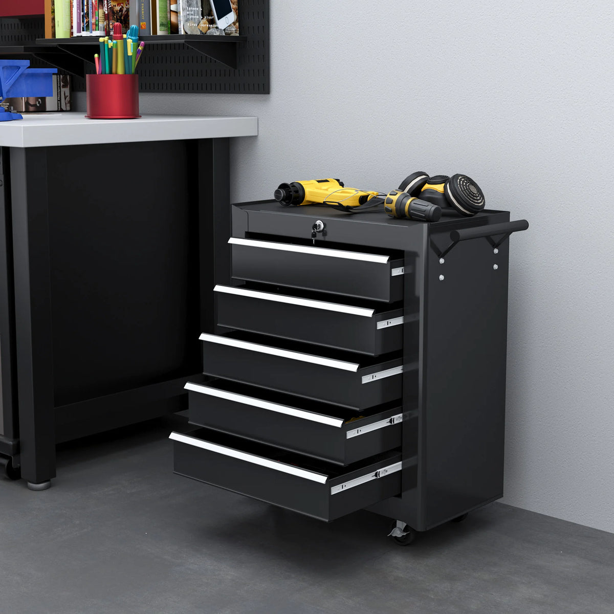 5-Drawer Lockable Tool Chest with Wheels, Steel Tool Storage Cabinet, Black