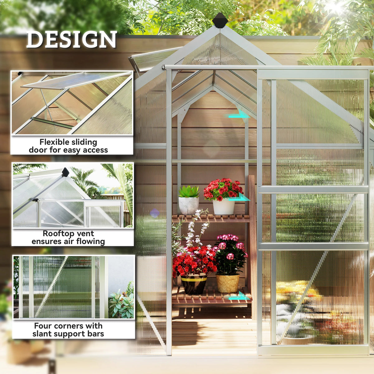 6 x 8ft Polycarbonate Greenhouse, Large Walk-In Green House with Slide Door and Window, Garden Plants Grow House