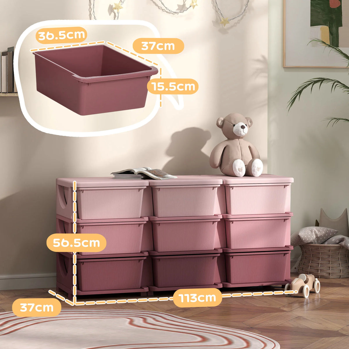 Kids 3 Tier Storage Drawer Unit with 9 Removable Drawers Plastic Chest Tower Rounded Edges