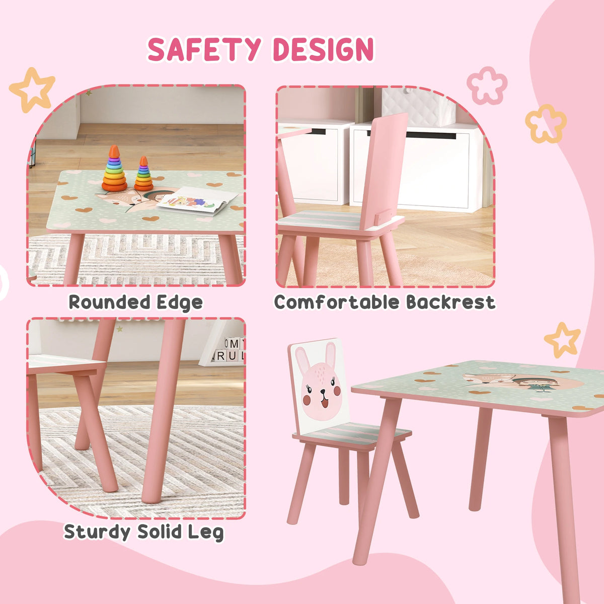 Kids Table and Chair Set Toddler Table with 2 Chairs 3 Pieces Pink