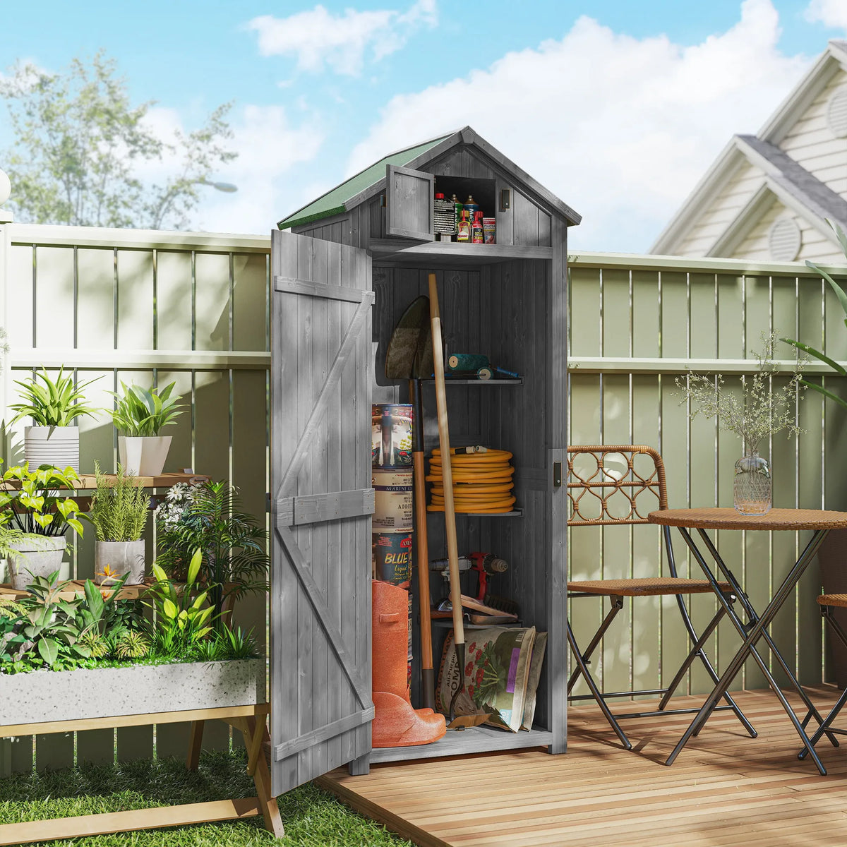Wooden Garden Storage Shed with 3 Shelves and Asphalt Roof, 77 x 54 x 179cm, Grey